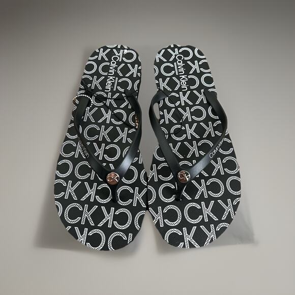 Calvin Klein Shoes - Calvin Klein Logo Flip Flops Black White Thong Sandals Women Size 9-10 Monogram